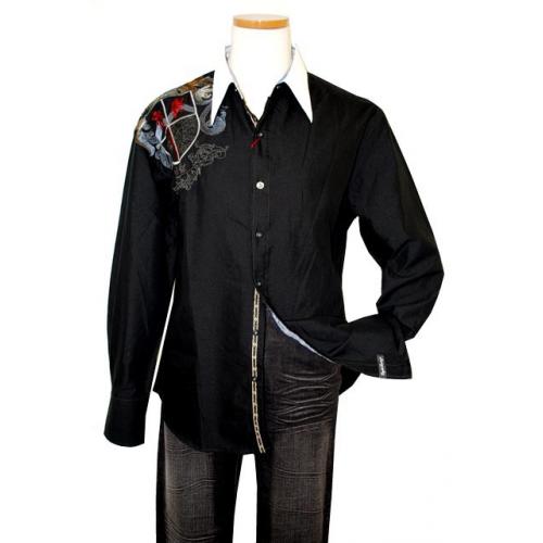 English Laundry Black With White Collar  & Red/Grey Embroidered Emblem Design Long Sleeves Cotton Blend Shirt ELW924